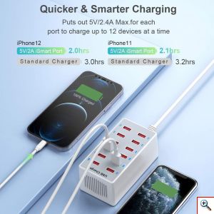 Andowl® Σταθμός Φόρτισης με 12 Θύρες USB για Πολλαπλές Συσκευές με Τσιπ Έξυπνης Διαχείρισης Ρεύματος & Προστασία Ασφαλείας USB Hub
