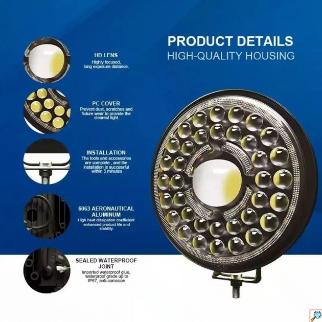 Andowl Στρογγυλός Προβολέας Αυτοκινήτου LED 12V 44W 18cm με Λευκό Φωτισμό – Μαύρο 