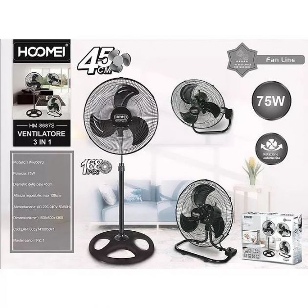 Ανεμιστήρας Ορθοστάτης 3 σε 1 75W Διαμέτρου 45cm Hoomei - Μαύρο