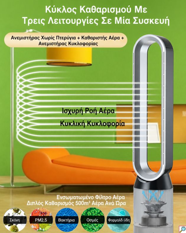 Ανεμιστήρας Πύργος 40W Χωρίς Πτερύγια με HEPA Φίλτρο και Τηλεχειριστήριο