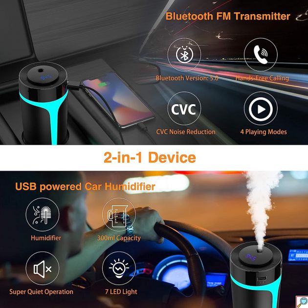 Αρωματικός Υγραντήρας Αυτοκινήτου με Ηχείο - Bluetooth - Handsfree & LED - Car Diffuser Humidifier Aromatotherapy