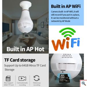 Ασύρματη Κρυφή Κάμερα Λάμπα IP Wifi με Ευρυγώνιο Φακό Fish Eye HD 960p Πανοραμικής Θέασης, Ε27, Αισθητήρα Κίνησης, Ειδοποιήσεις, Μικρόφωνο & Ηχείο