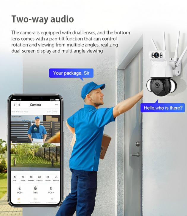 Ασύρματη IP Διπλή Κάμερα Παρακολούθησης Wifi - Με Διπλό Φακό & Φωτισμό LED & Ανιχνευτή Κίνησης - 4K - Andowl