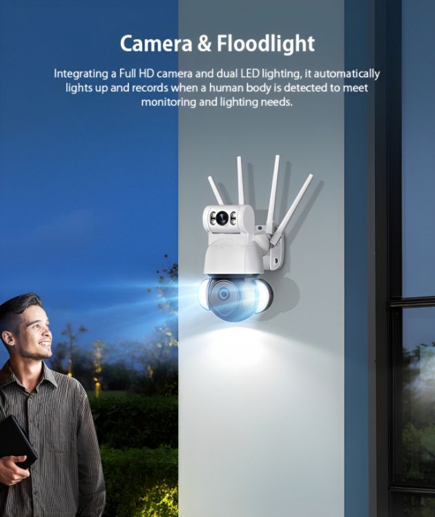 Ασύρματη IP Διπλή Κάμερα Παρακολούθησης Wifi - Με Διπλό Φακό & Φωτισμό LED & Ανιχνευτή Κίνησης - 4K - Andowl