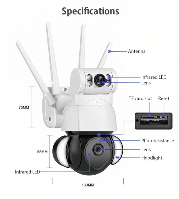 Ασύρματη IP Διπλή Κάμερα Παρακολούθησης Wifi - Με Διπλό Φακό & Φωτισμό LED & Ανιχνευτή Κίνησης - 4K - Andowl