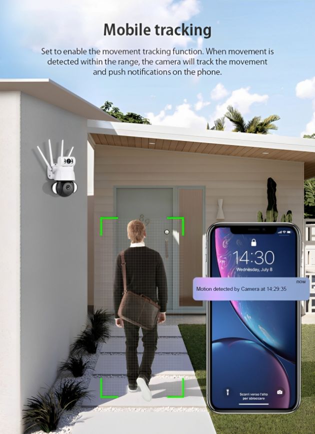 Ασύρματη IP Διπλή Κάμερα Παρακολούθησης Wifi - Με Διπλό Φακό & Φωτισμό LED & Ανιχνευτή Κίνησης - 4K - Andowl