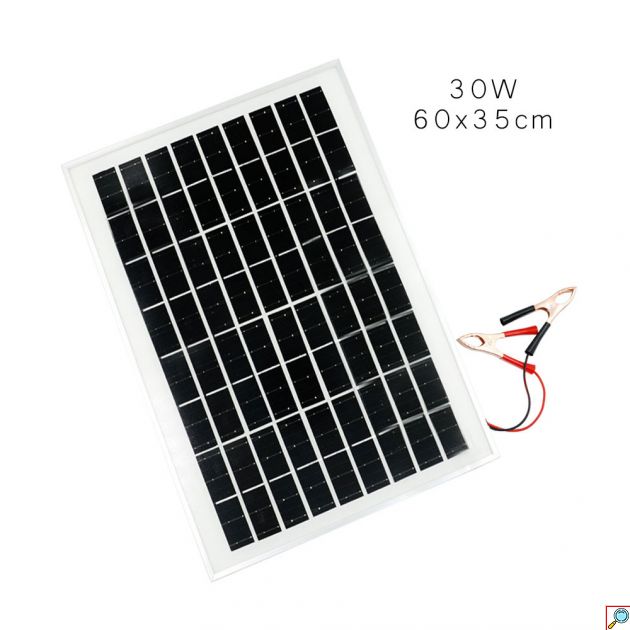 Αυτόνομο Ηλιακό Φωτοβολταϊκό Πάνελ 30W Φόρτισης 12V με Κροκοδειλάκια Μπαταρίας - Πολυκρυσταλλικού Πυριτίου 17.49V