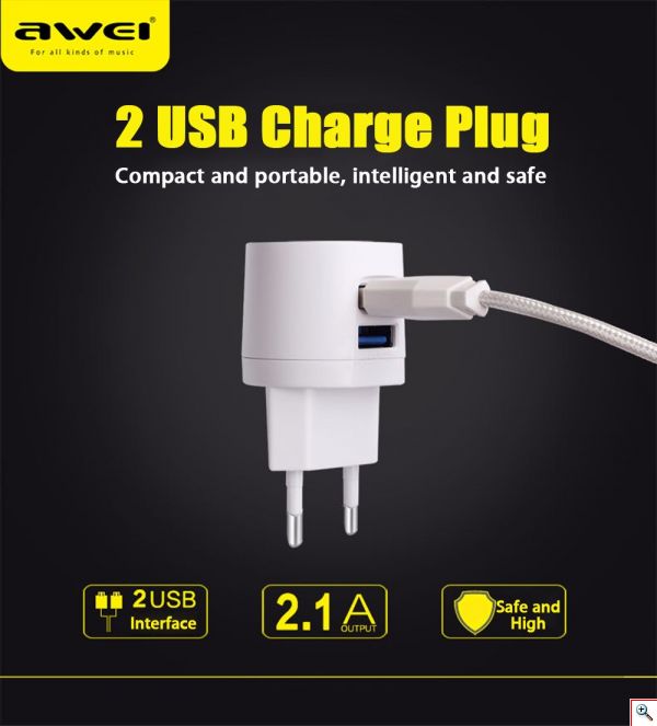 Φορτιστής Ρεύματος για Γρήγορη Φόρτιση με δύο Θύρες USB και Καλώδιο Micro USB - 2 USB Charger Awei
