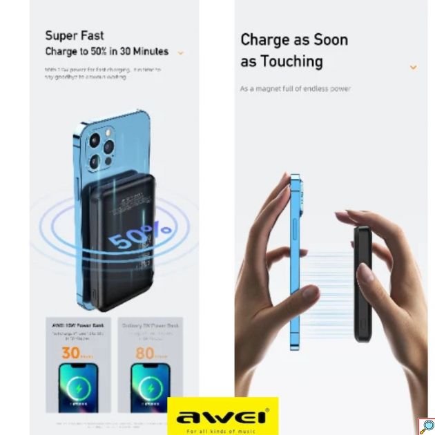 Awei Power Bank 10000 mAh - Ασύρματος Φορητός Γρήγορος Φορτιστής - Μαύρος
