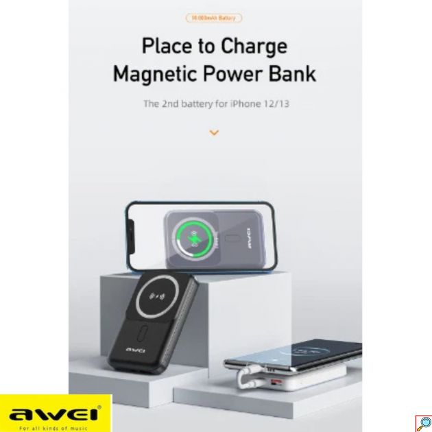 Awei Power Bank 10000 mAh - Ασύρματος Φορητός Γρήγορος Φορτιστής - Μαύρος