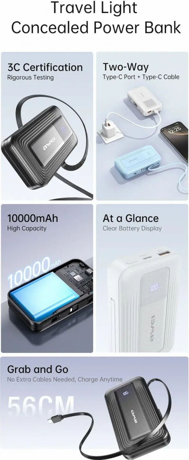 Awei Travel Light Power Bank 10000mAh – Ενσωματωμένα Καλώδια USB-C και Lightning 22.5W, Διπλή Έξοδος Awei Travel Light Power Bank 10000mAh – Ενσωματωμένα Καλώδια USB-C και Lightning 22.5W, Διπλή Έξοδος