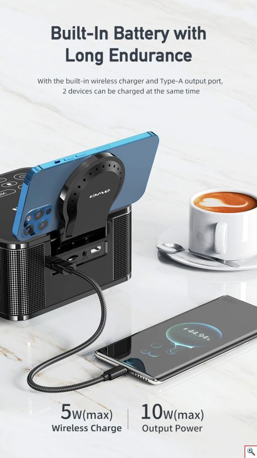 Φορητό Ρολόι / Ηχείο / PowerBank 8000mAh με Ασύρματο Φορτιστή, Bluetooth Σύνδεση & Μπαταρία Επαναφορτιζόμενη USB 4 σε 1 AWEI 