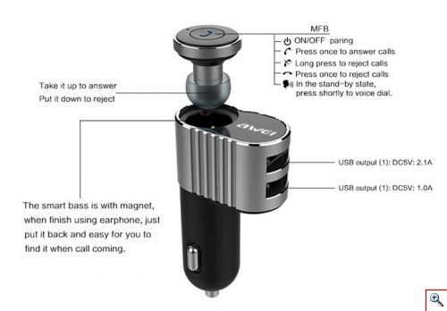 Επαναφορτιζόμενο Handsfree Bluetooth Ακουστικό & USB Φορτιστής Αυτοκινήτου AWEI 2 σε 1
