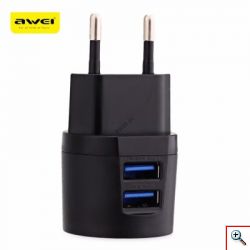 Φορτιστής Ρεύματος Fast Charge με 2 Θύρες USB & Καλώδιο mUSB - 2x USB Charger 2,1A AWEI