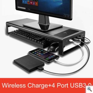 Βάση για Οθόνη Υπολογιστή Η/Υ, 4x USB HUB & Ασύρματος Φορτιστής Fast Charge Vaydeer - Μαύρο Αλουμινίου
