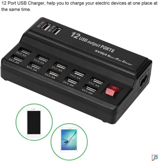 Βάση Φόρτισης 100-240V με 12 Θύρες USB-A 60W 2.4A/1A Andowl - Μαύρη