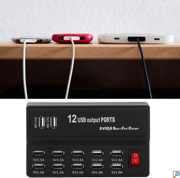 Βάση Φόρτισης 100-240V με 12 Θύρες USB-A 60W 2.4A/1A Andowl - Μαύρη