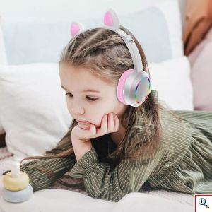 Bluetooth Ασύρματα Ακουστικά Αυτιά Γάτας με Πολύχρωμα Φώτα RGB & Ενσοματωμένο Μικρόφωνο - Wireless Cat Ear Headphones AKZ-K24 Γαλάζια