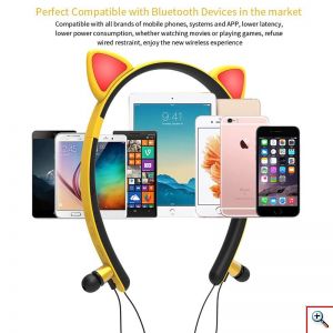 Bluetooth Ασύρματα Ακουστικά Ψείρες με Μαγνήτη, Στερεοφωνικά & LED Αυτάκια Γάτας - Luminous Wireless Earphone Cat Ear ZW-29 Μπλε OEM