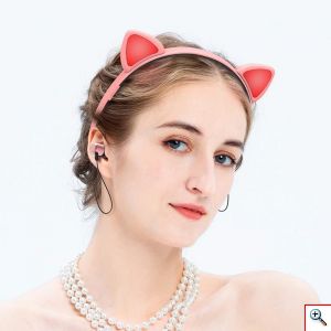 Bluetooth Ασύρματα Ακουστικά Ψείρες με Μαγνήτη, Στερεοφωνικά & LED Αυτάκια Γάτας - Luminous Wireless Earphone Cat Ear ZW-29 Μπλε OEM