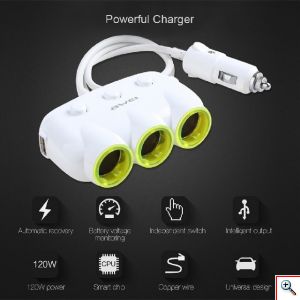Φορτιστής Αυτοκινήτου AWEI C-35 Dual USB και 3 Socket Adapter 