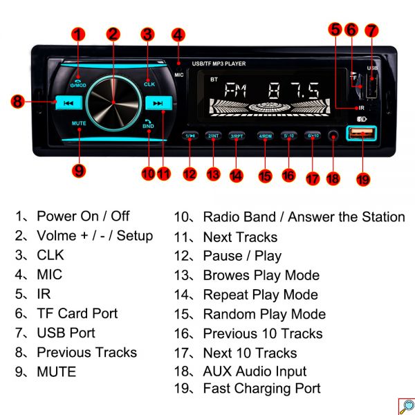 Ηχοσύστημα Mp3 Player Αυτοκινήτου 5x Color +RGB με Bluetooth USB,SD,AUX FM Radio & Τηλεχειριστήριο 920S-BT-OEM