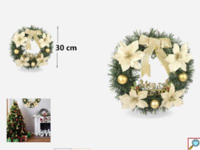 Χριστουγεννιάτικο Στεφάνι 30cm με Χρυσά Στολίδια και Λουλούδια – Πολυτελής Διακόσμηση Εσωτερικού Χώρου