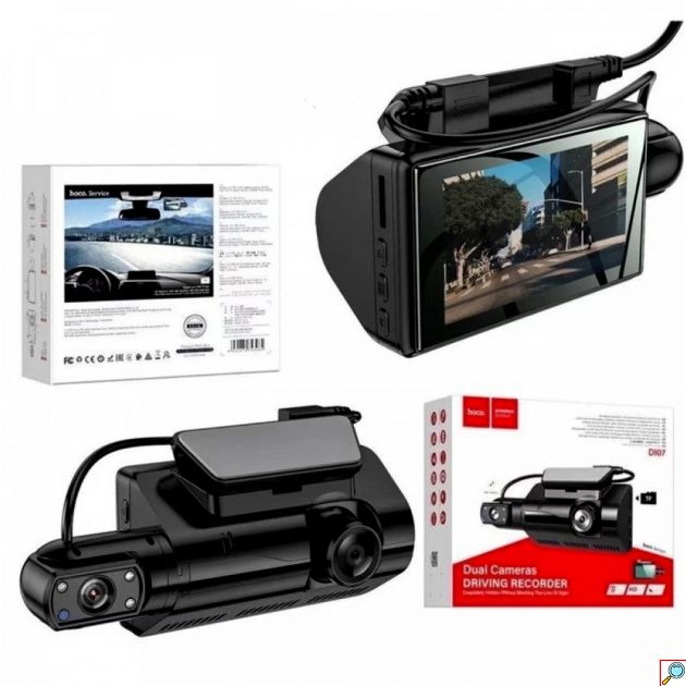 Κάμερα DVR Αυτοκινήτου Διπλή με Καταγραφικό - Κλιπ για Παρμπρίζ, Περιστρεφόμενο Φακό HD και Νυχτερινή Λήψη Hoco Μαύρη
