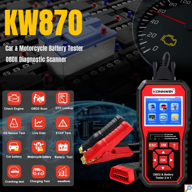 Διαγνωστικό OBD2 & Tester Μπαταρίας για Αυτοκίνητα και Μοτοσυκλέτες - Konnwei