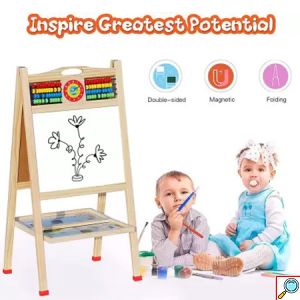 Διπλός Επιδαπέδιος Αναδιπλούμενος Μαγνητικός Πίνακας Ζωγραφικής Μαρκαδόρου - Μαυροπίνακας με Αβάκα, Ρολόι, Κιμωλίες, Σφουγγάρι & Μαρκαδόρους