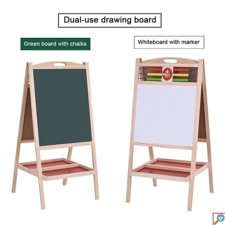 Διπλός Επιδαπέδιος Αναδιπλούμενος Μαγνητικός Πίνακας Ζωγραφικής Μαρκαδόρου - Μαυροπίνακας με Αβάκα, Ρολόι, Κιμωλίες, Σφουγγάρι & Μαρκαδόρους