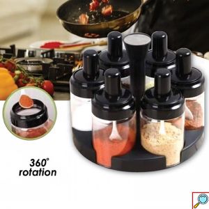 Σετ 6 Δοχεία Μπαχαρικών με Ενσωματωμένο Κουταλάκι & Περιστρεφόμενη Βάση Οργάνωσης & Αποθήκευσης