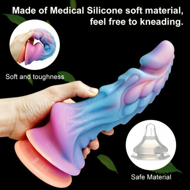Dragon 22cm Παχύ, Μαλακό & Ευλύγιστο Ανάγλυφο Dildo Σιλικόνης με Ραβδώσεις & Ισχυρή Βεντούζα - Neon Πολύχρωμος Δράκος