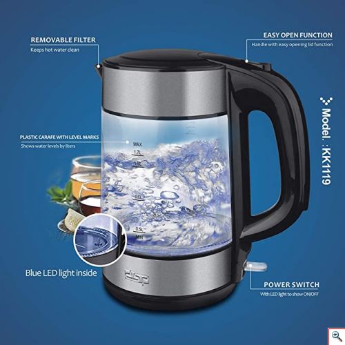 DSP® Ηλεκτρικός Διάφανος Ανοξείδωτος Βραστήρας με LED και Αντιολισθητική Περιστρεφόμενη Βάση - KK 1119 Electric Kettle 1.7lt