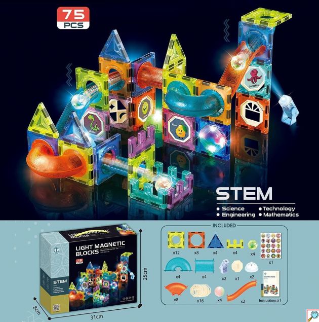 Εκπαιδευτικό Κατασκευαστικό Παιχνίδι για Παιδιά Ηλικίας 3+ Ετών με Φωτιζόμενα Μαγνητικά Τουβλάκια Κατασκευής 75 τμχ. Light Magnetic Blocks