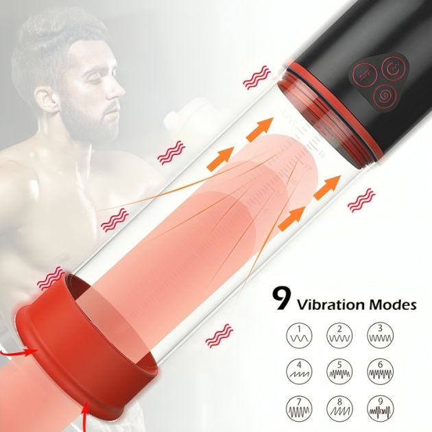 Επαναφορτιζόμενη USB Αντλία Αναρρόφησης & Επιμήκυνσης Πέους - Αυνανιστής - Αδιάβροχος με 9 Λειτουργίες Δόνησης