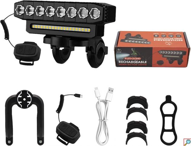 Επαναφορτιζόμενο Μπροστινό Φως Ποδηλάτου LED με Κόρνα – Αδιάβροχο, Υψηλής Φωτεινότητας με 6 Λειτουργίες