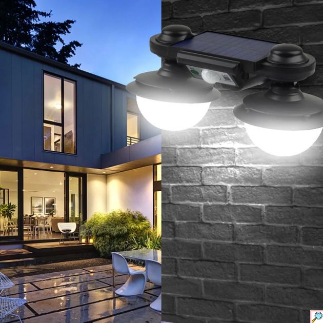 Επιτοίχιο Διπλό Ηλιακό Φωτιστικό Φανάρι 24W 120LED Ψυχρό Λευκό με Αισθητήρα Κίνησης και Τηλεχειριστήριο - AigoStar