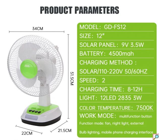 Επιτραπέζιος Ηλιακός Ανεμιστήρας / Φορτιστής με 2 Λάμπες LED, Πάνελ & Θύρα USB Φόρτισης