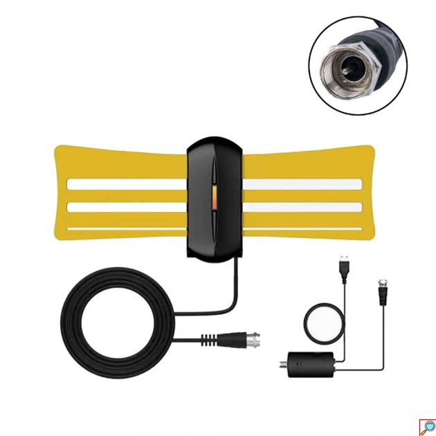 Εξωτερική και Εσωτερική Κεραία Τηλεόρασης 28db με Ενισχυτή - Τροφοδοσία USB και Σύνδεση με Ομοαξονικό Coaxial Χρυσή 