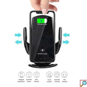 Έξυπνη Αυτόματη Βάση Κινητού Αυτοκινήτου με Αισθητήρα Αφής, Ασύρματη Φόρτιση & Ρυθμιζόμενα Άγκιστρα