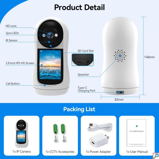 Έξυπνη Κάμερα WiFi 1080P HD με οθόνη 2,8 Ιντσών, Αμφίδρομη Επικοινωνία, Ανίχνευση Κίνησης & Έγχρωμη Νυχτερινή Όραση