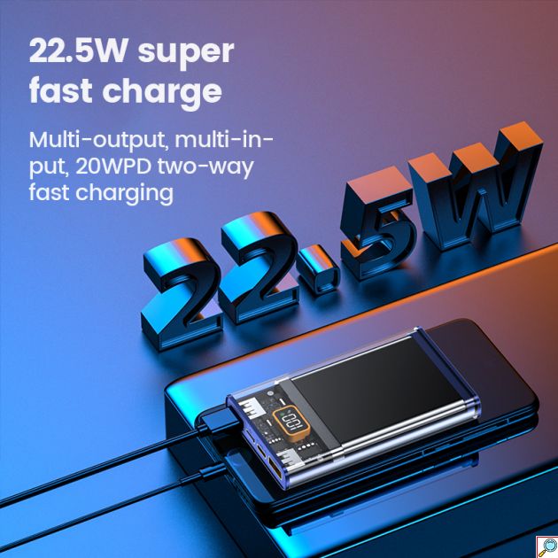 Διάφανο Εργονομικό Powerbank Fast Charging Μπαταρίας 20000mAh με 2 Θύρες USB και 1 Θύρα Type C 22.5 W