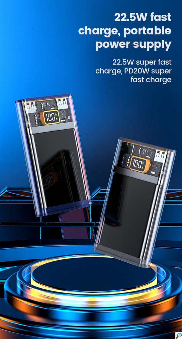 Διάφανο Εργονομικό Powerbank Fast Charging Μπαταρίας 20000mAh με 2 Θύρες USB και 1 Θύρα Type C 22.5 W