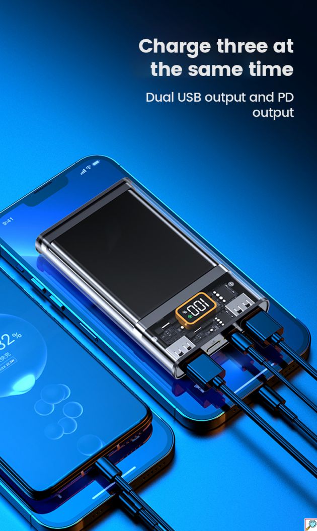 Διάφανο Εργονομικό Powerbank Fast Charging Μπαταρίας 20000mAh με 2 Θύρες USB και 1 Θύρα Type C 22.5 W