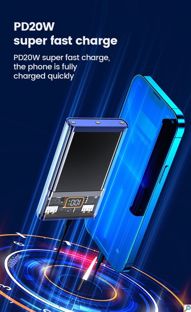 Διάφανο Εργονομικό Powerbank Fast Charging Μπαταρίας 20000mAh με 2 Θύρες USB και 1 Θύρα Type C 22.5 W