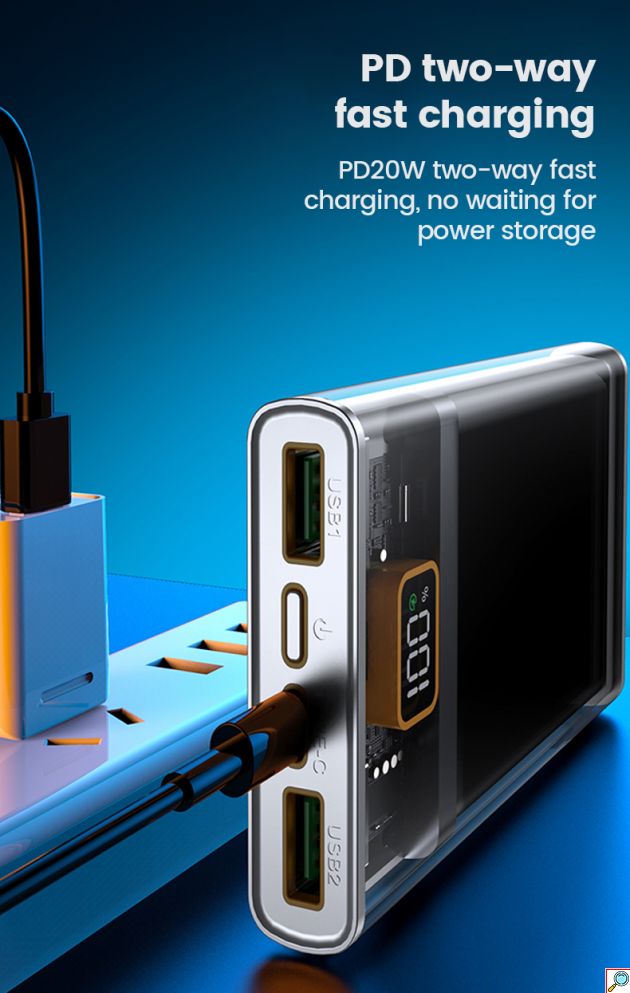 Διάφανο Εργονομικό Powerbank Fast Charging Μπαταρίας 20000mAh με 2 Θύρες USB και 1 Θύρα Type C 22.5 W