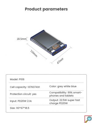Διάφανο Εργονομικό Powerbank Fast Charging Μπαταρίας 20000mAh με 2 Θύρες USB και 1 Θύρα Type C 22.5 W