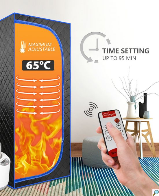 VSauna 2.0 Ολόσωμη Φορητή Ατομική Σάουνα - Χαμάμ Ατμού με Ισοθερμική Αδιάβροχη Καμπίνα & Τηλεκοντρόλ - Portable Steam Sauna Μαύρο