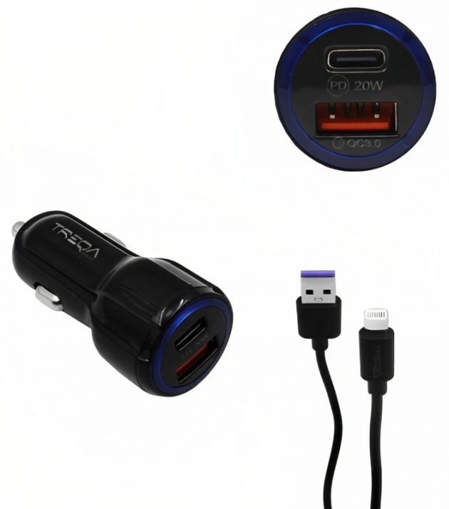 Φορτιστής Αυτοκινήτου Ταχείας Φόρτισης 12V – 24V με Θύρα USB-A 3.1Α και Θύρα USB-C PD 20W και Καλώδιο Lightning - Treqa